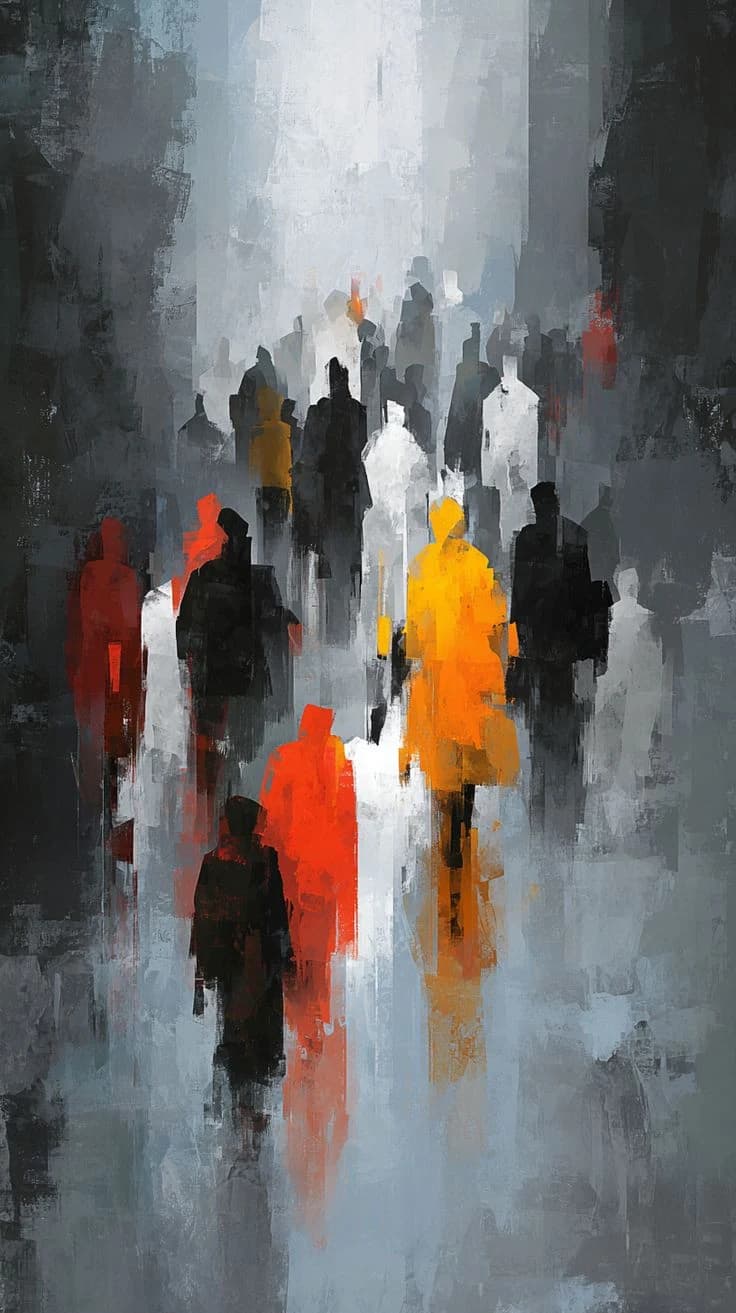 A crowd of figures dissolving into grey and orange brushwork