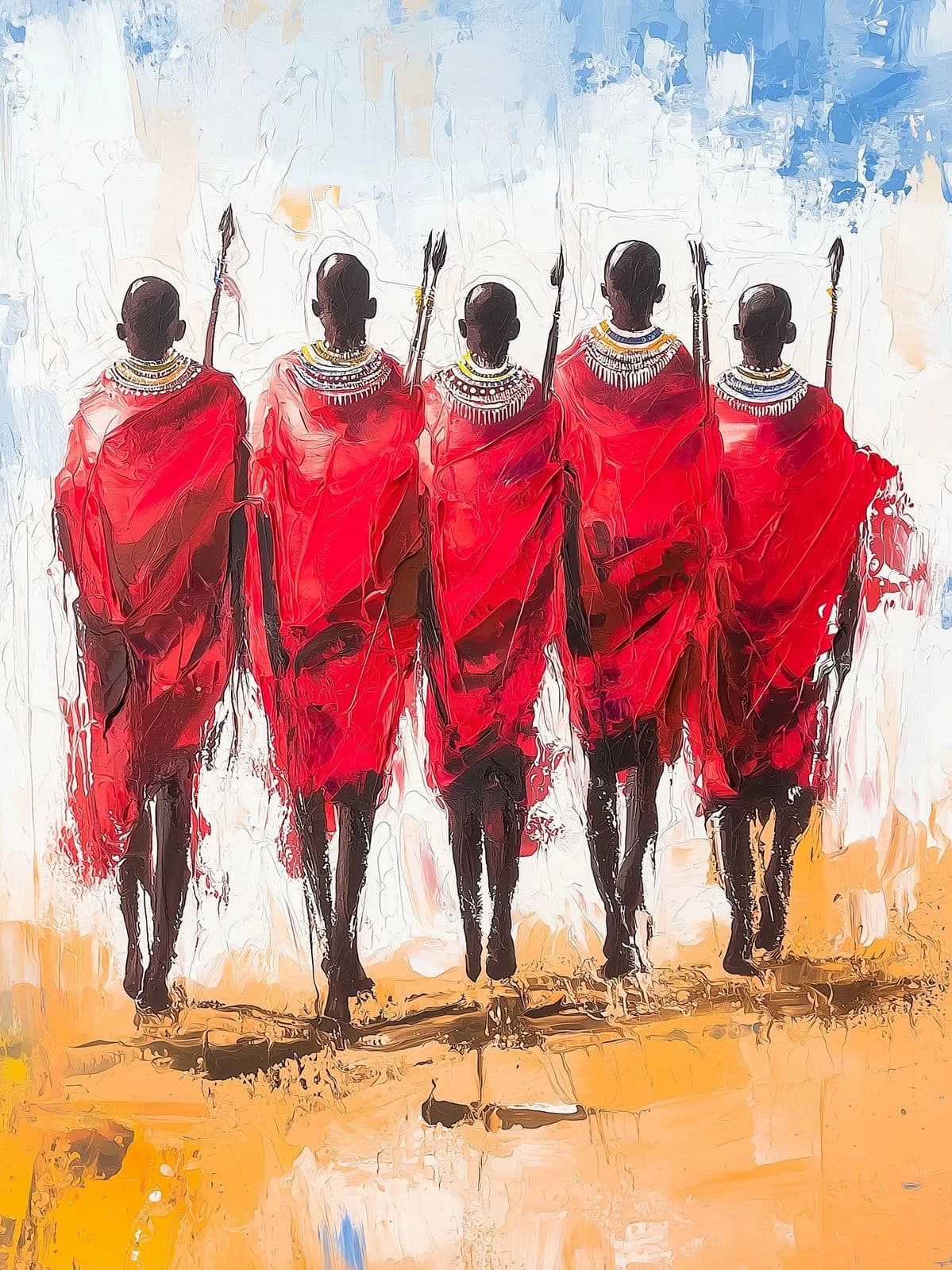 A line of figures in red robes carrying staffs across ochre ground