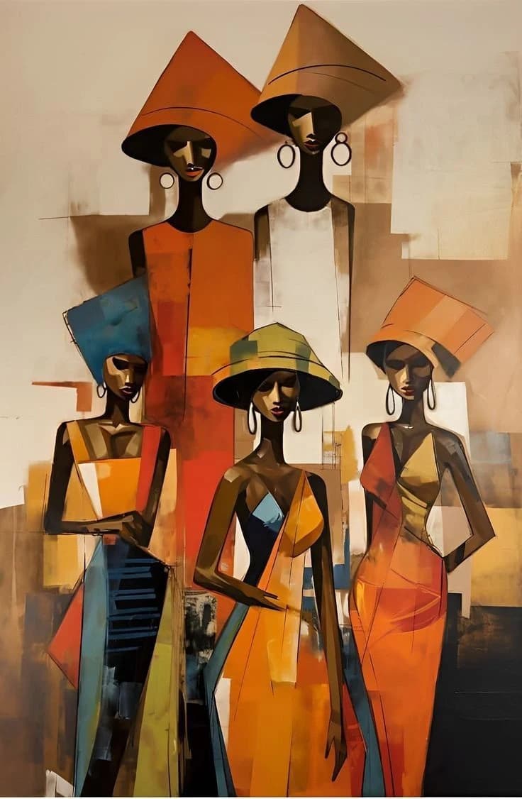Three tall figures in geometric robes against a warm ground