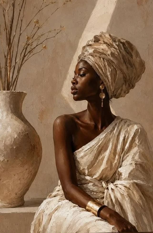 A woman in a cream headwrap seated beside a vase of dried stems