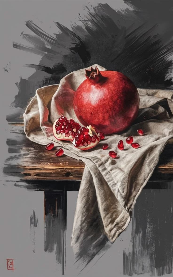 Pomegranates split open on a white cloth against a dark ground
