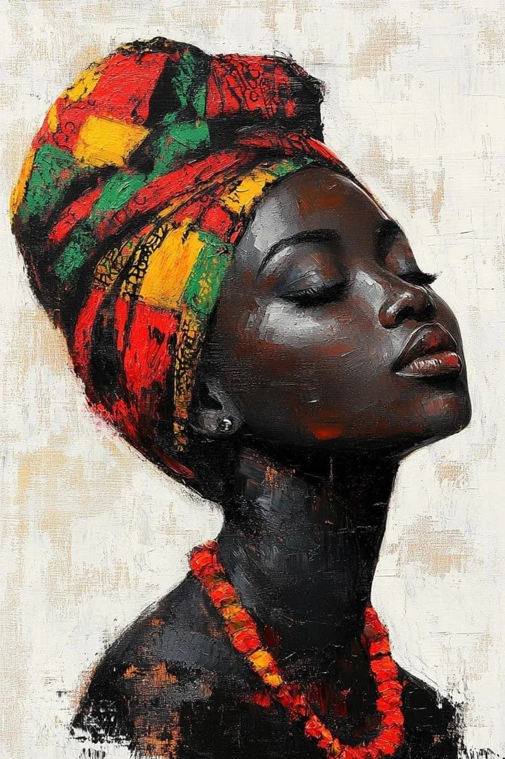 A woman in a red, green and yellow headwrap against a pale wall
