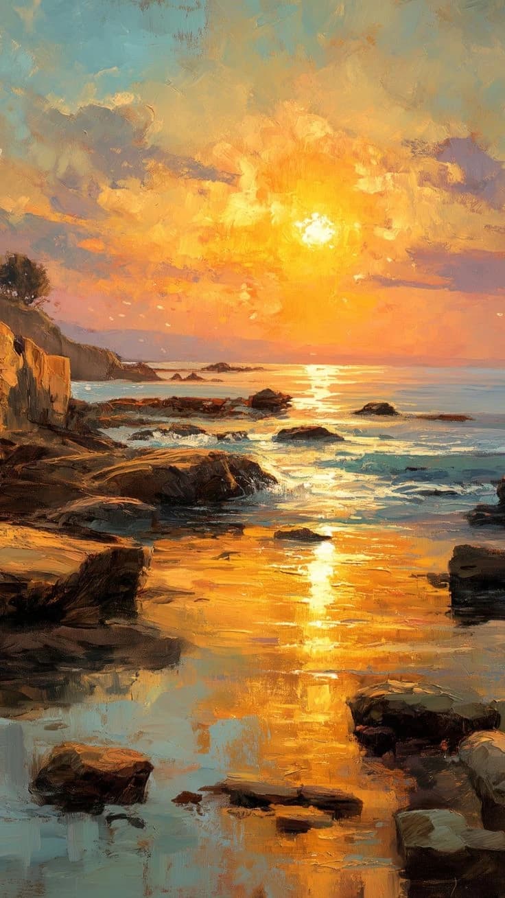 A sun setting into the sea over dark rocks