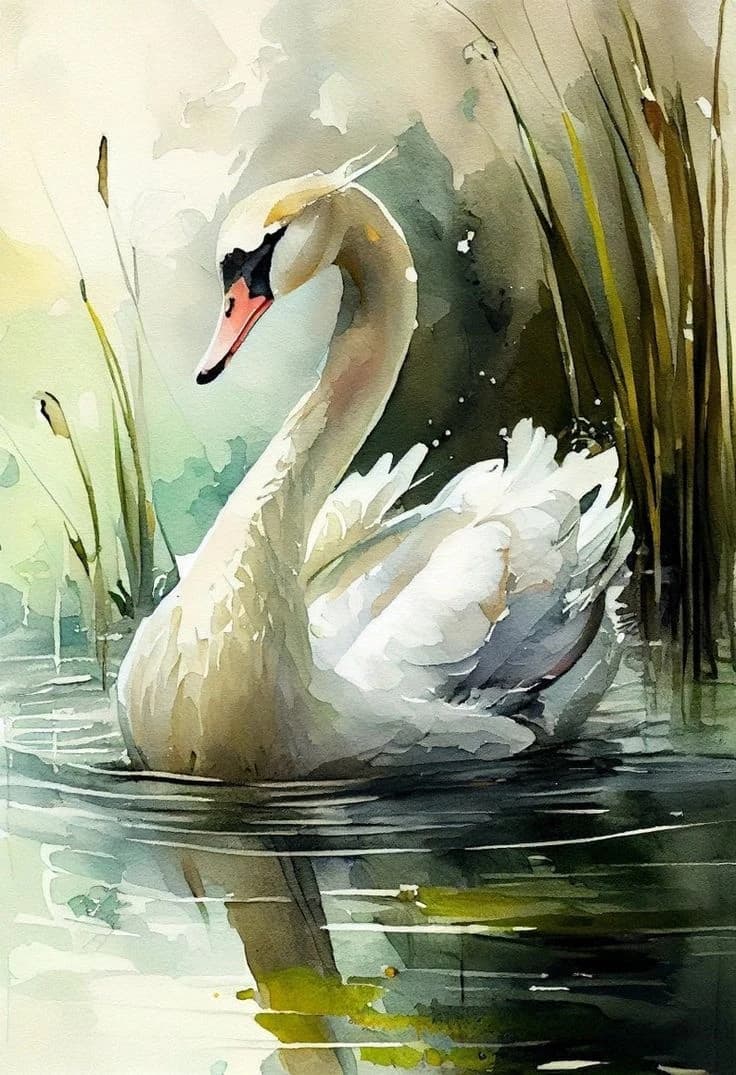 A white swan turning on still green water among reeds