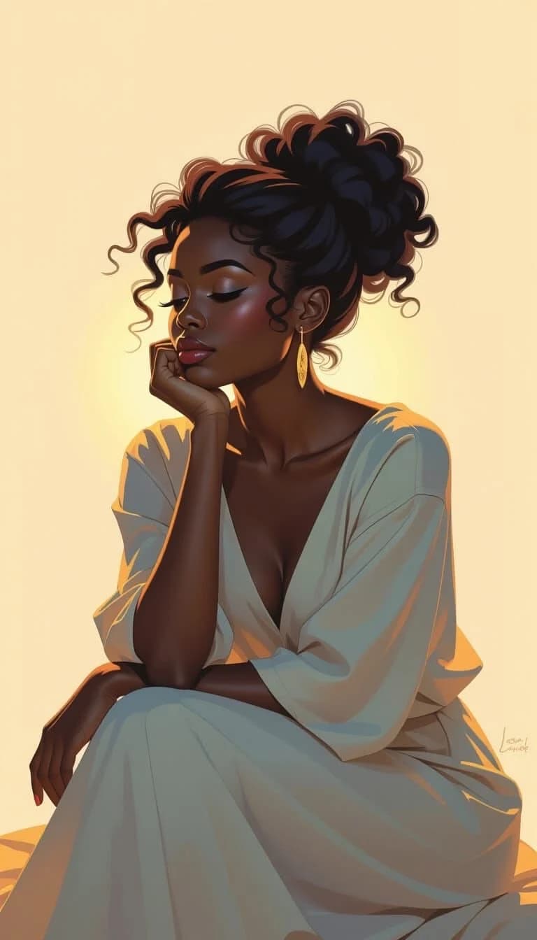 A digital portrait of a woman with gold hoop earrings