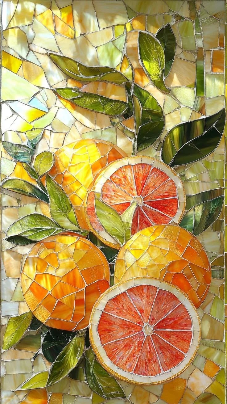 A stained-glass panel of citrus slices and leaves