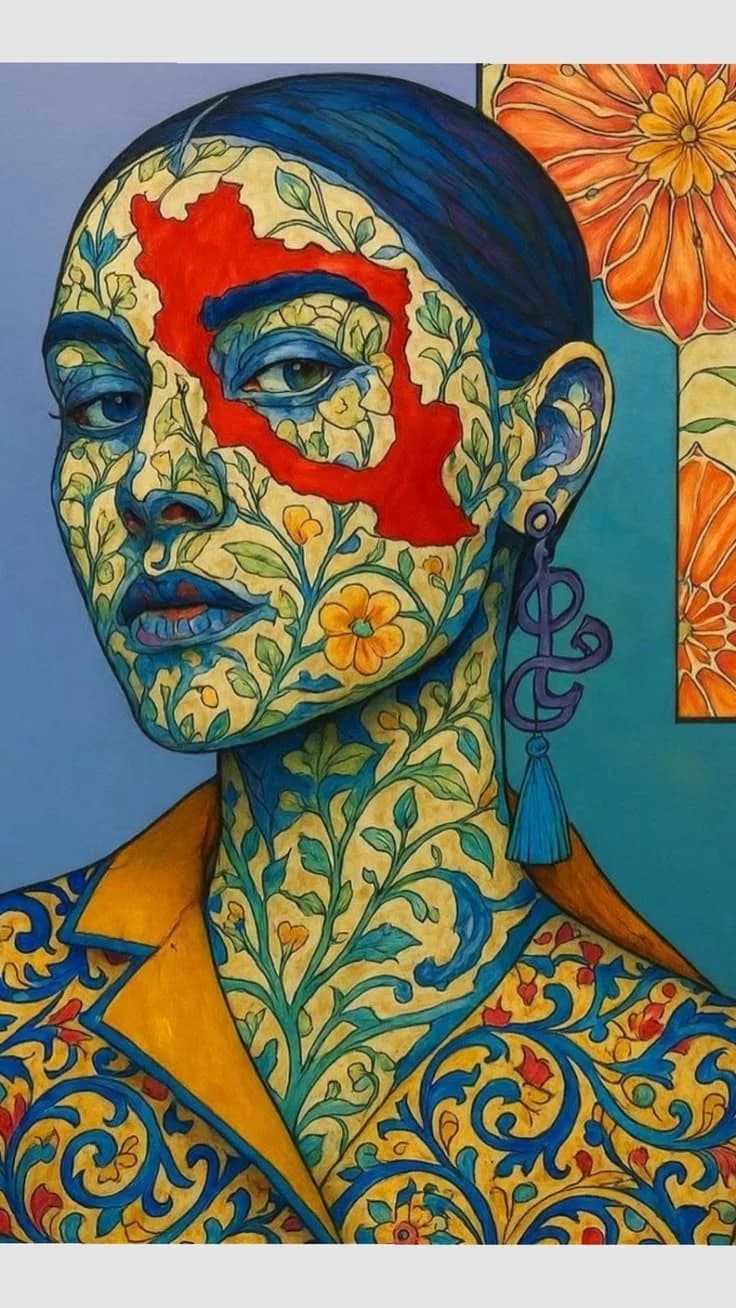 A portrait worked over in cut floral pattern
