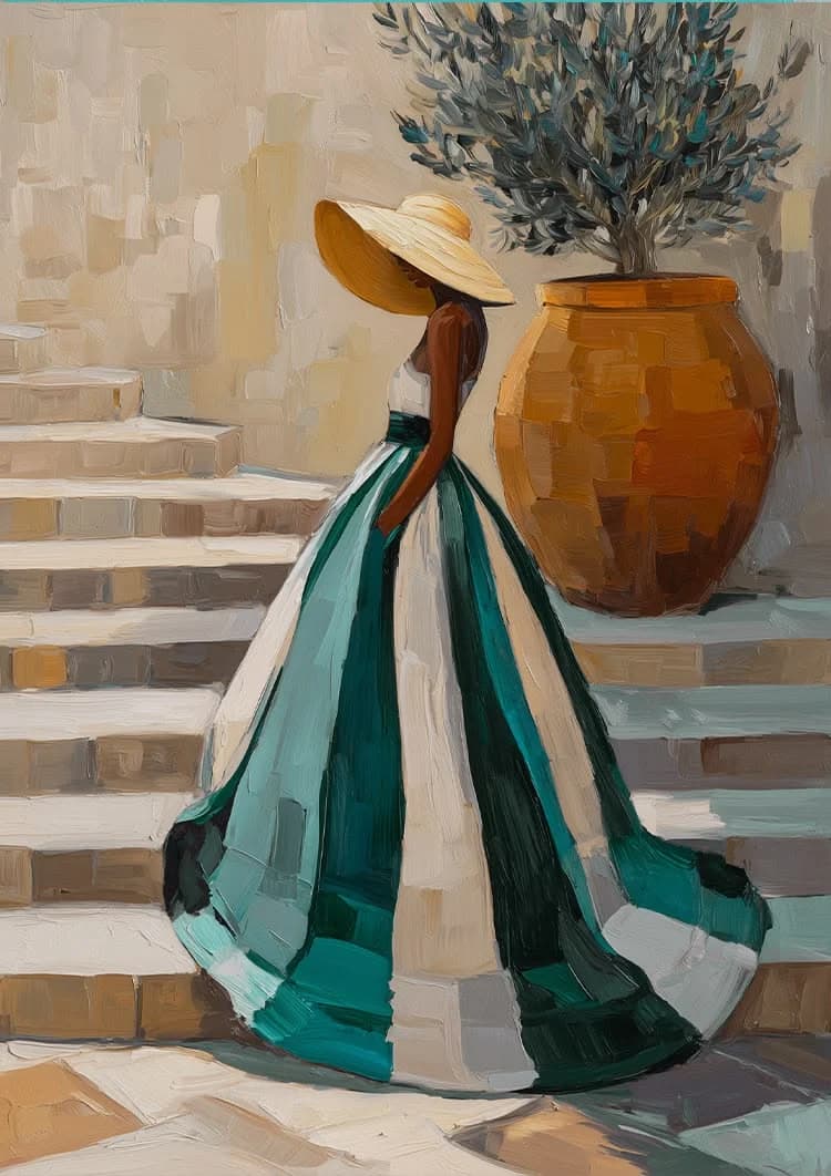 A figure in a wide hat on a stair beside painted vessels
