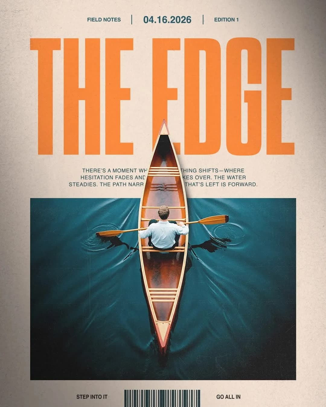 A poster print reading THE EDGE over a rower on blue water