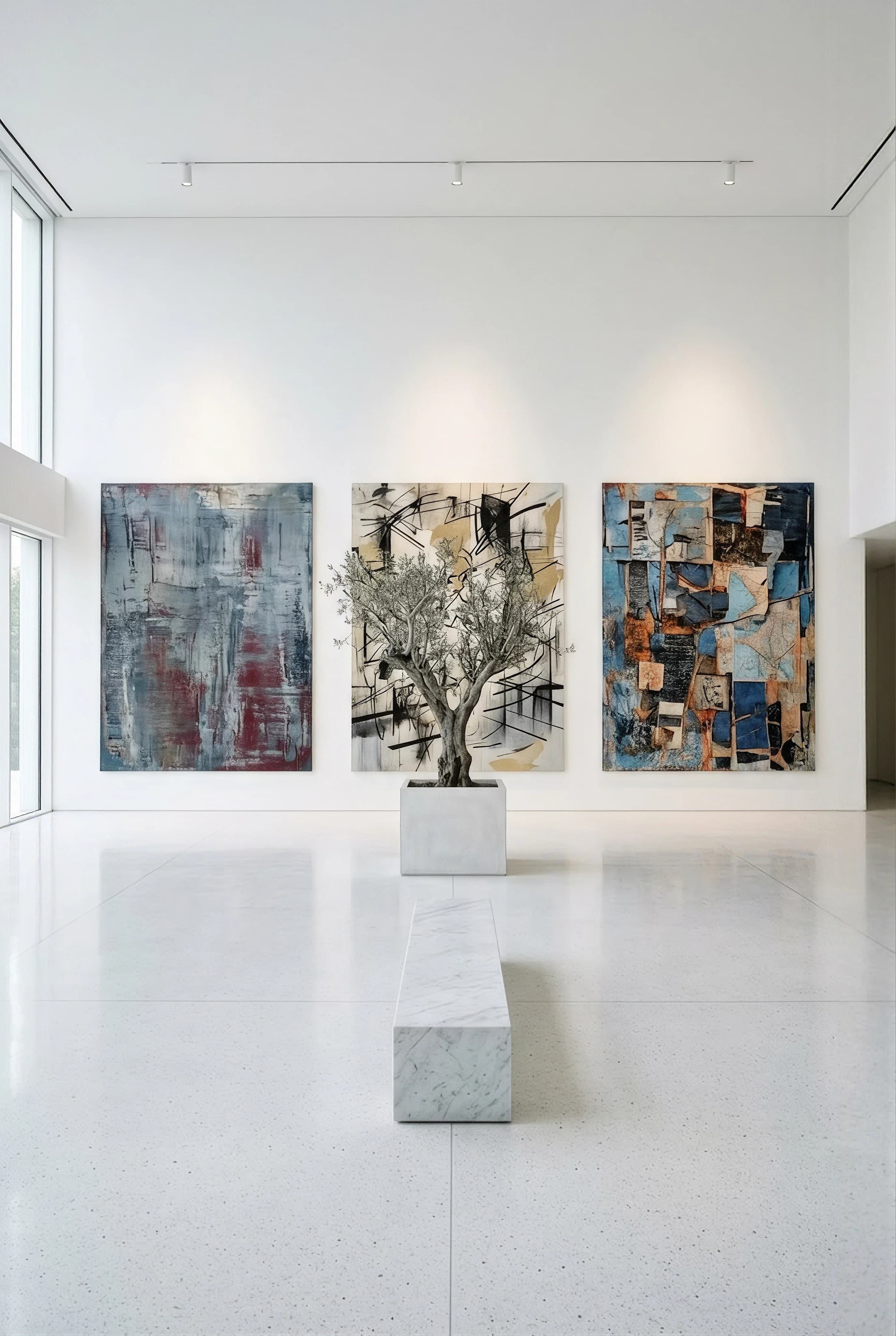 Three abstract canvases in slate, ochre and blue on a white wall