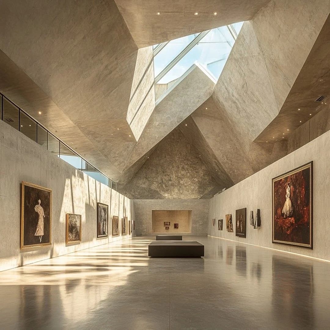 A long sunlit gallery hall hung with paintings down both walls