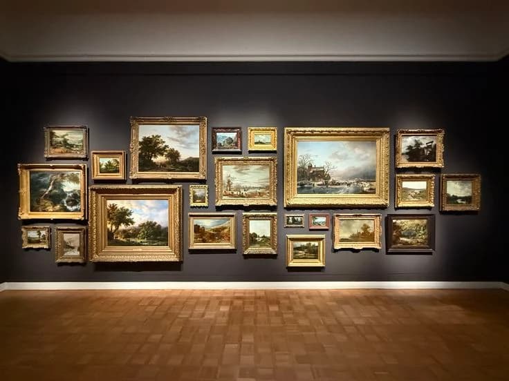 A salon wall of gilt-framed landscapes lit against a dark ground