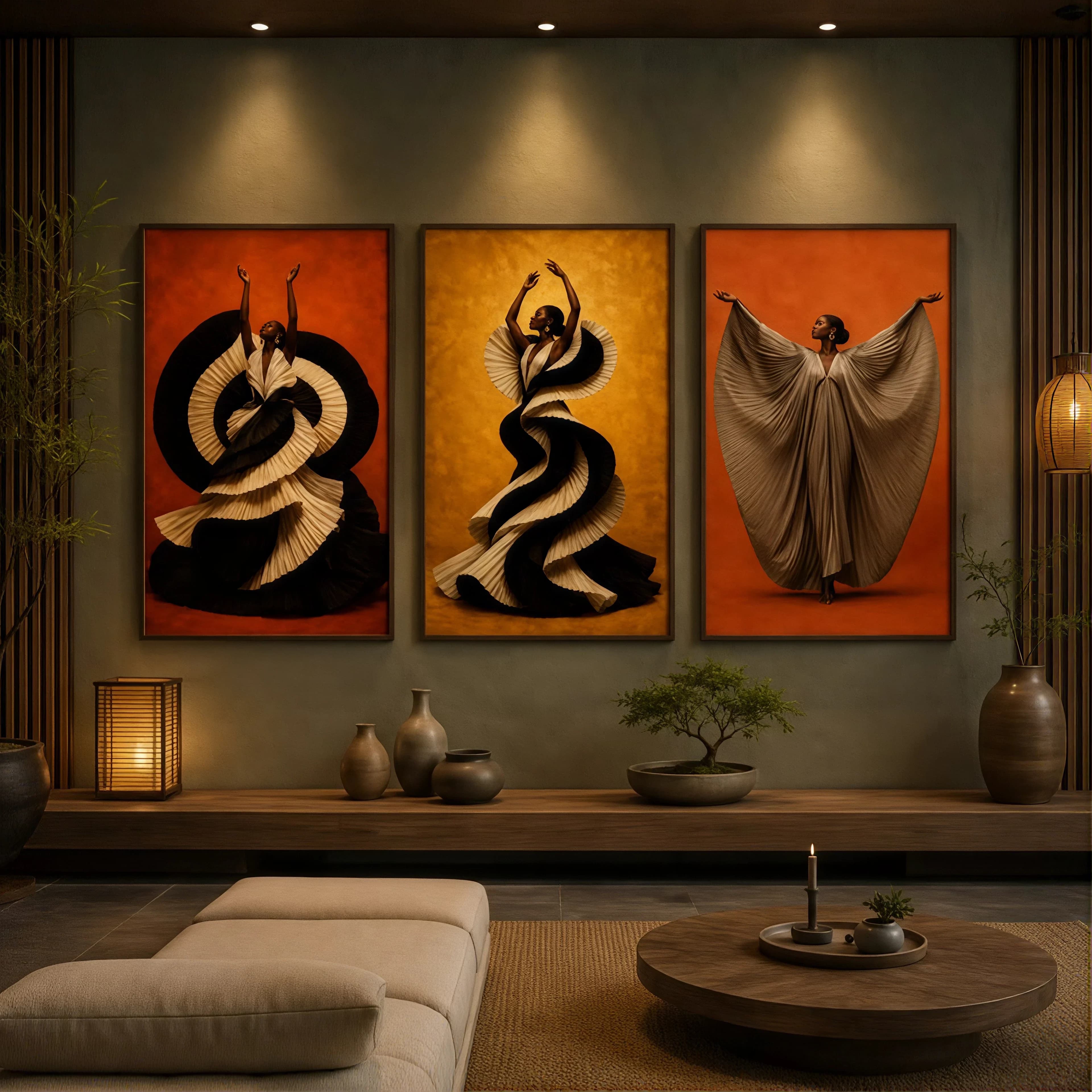 Three framed figures in sculptural pleated cloth on red and ochre grounds