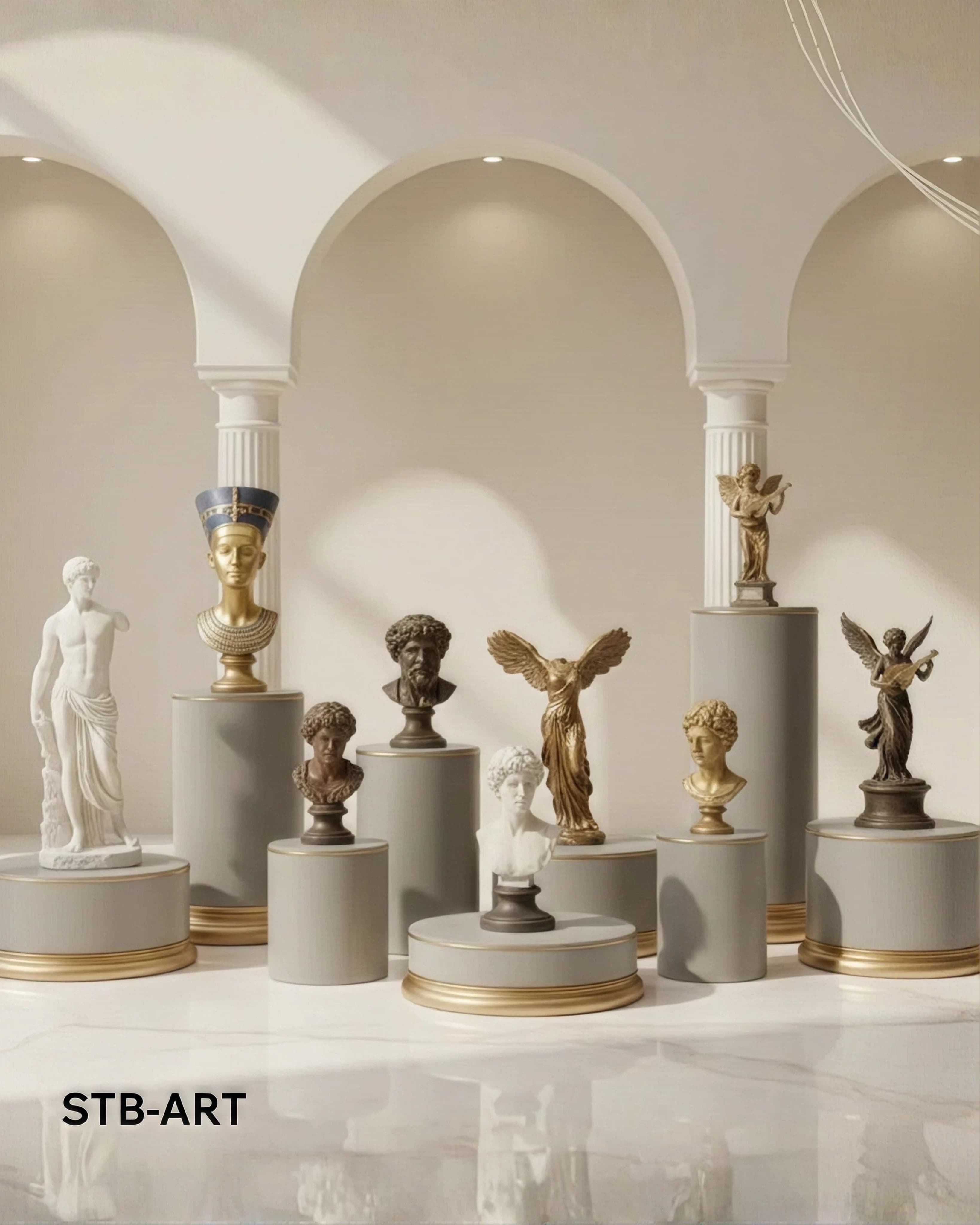 Marble and bronze busts and winged figures on pale plinths