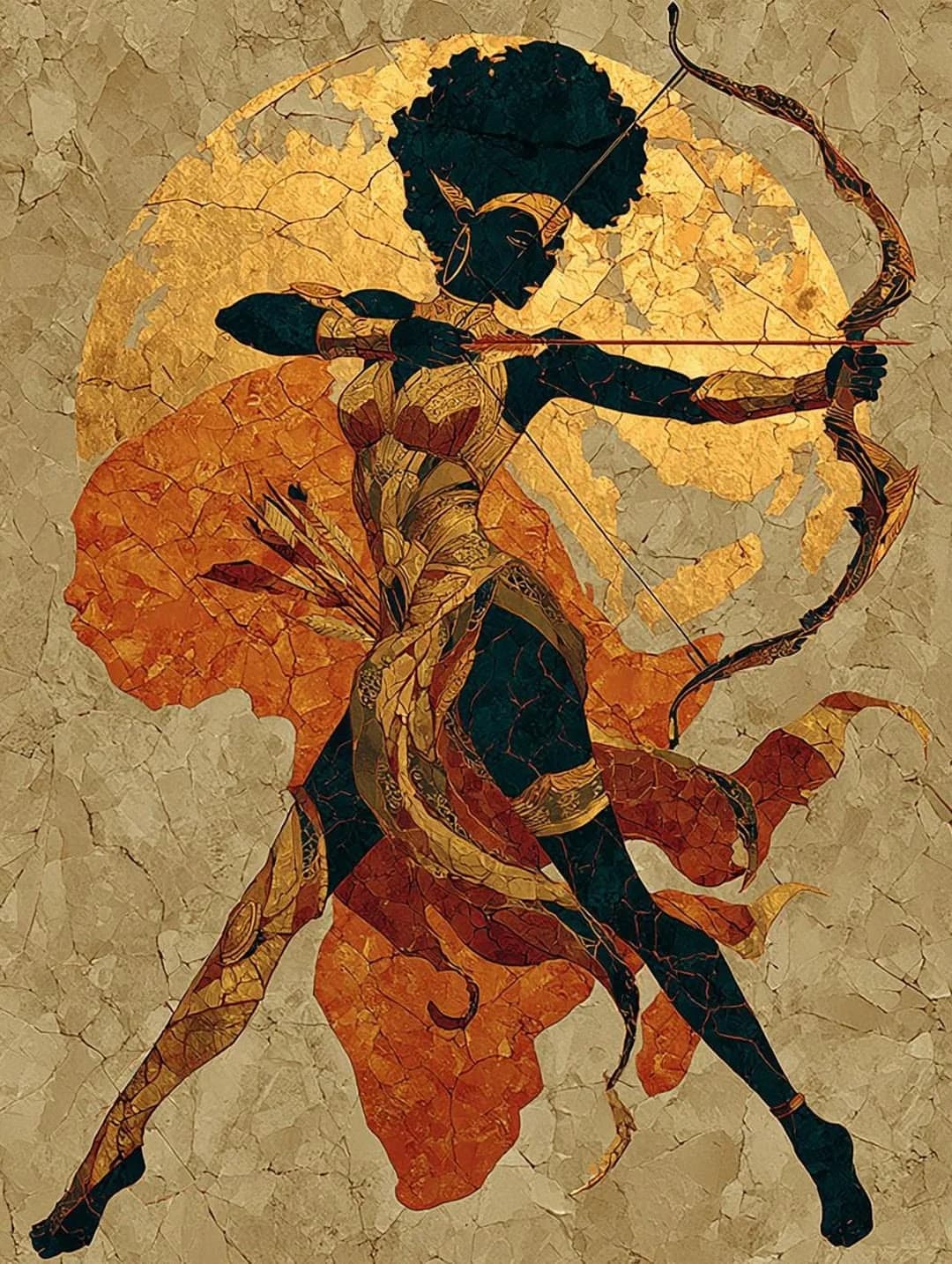 A gilded archer in patterned cloth against a cracked gold ground