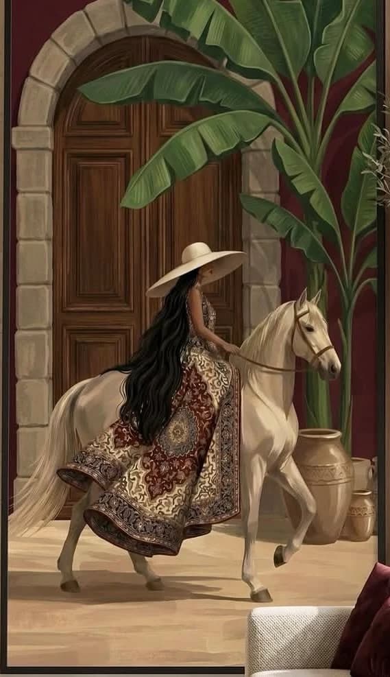 A woman in a wide hat leading a white horse past a panelled door