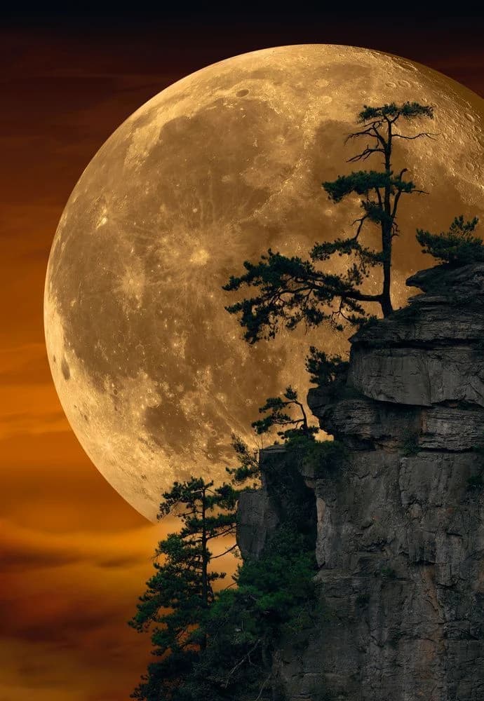 A pine on a rock outcrop silhouetted against a huge amber moon