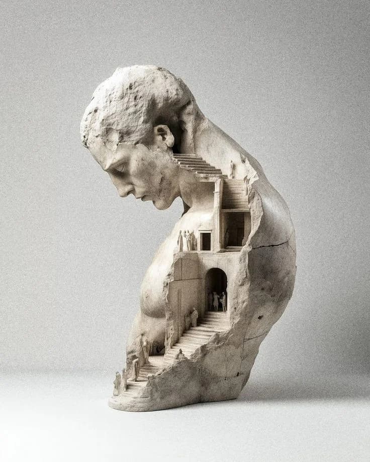A marble torso opened to reveal a carved stair inside