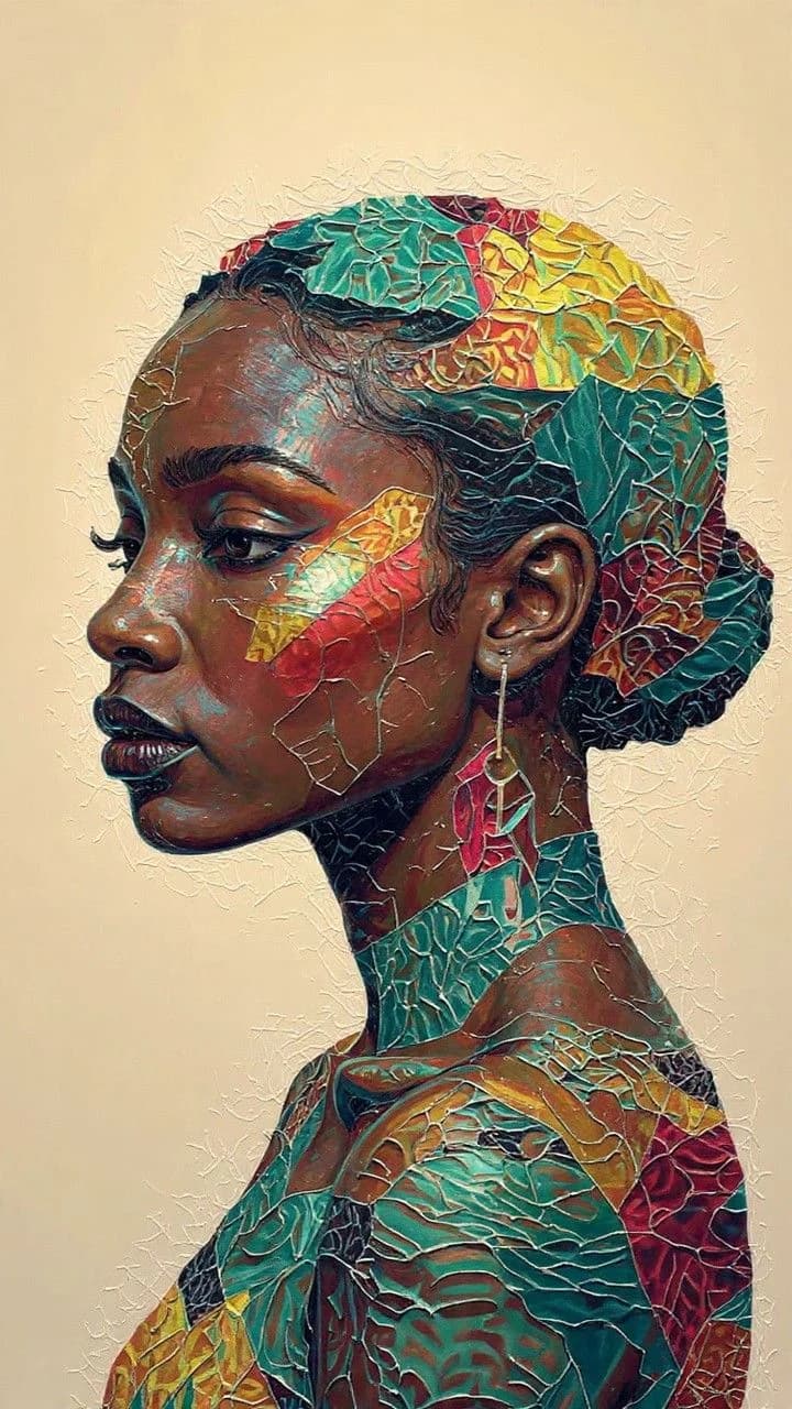 A woman in profile, her skin worked in mosaic colour against a pale ground