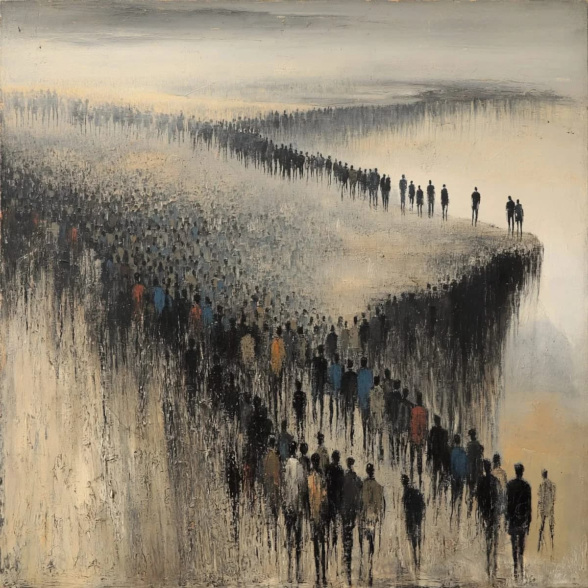 A crowd walking in procession, dissolving into a grey landscape