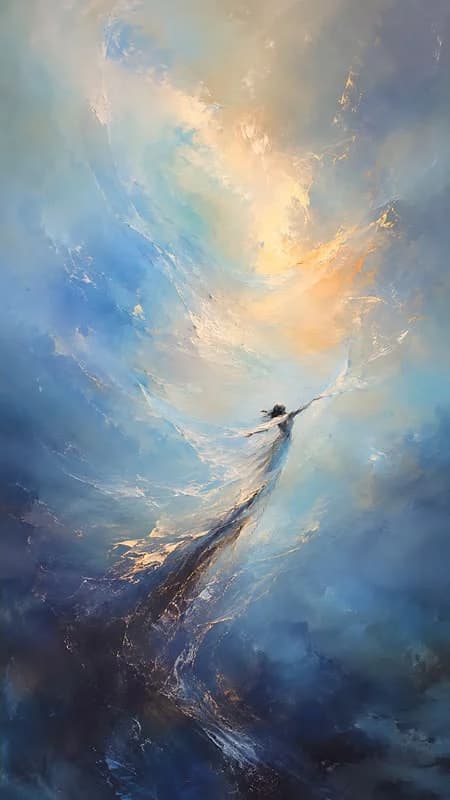A lone bird rising through a luminous blue and gold sky