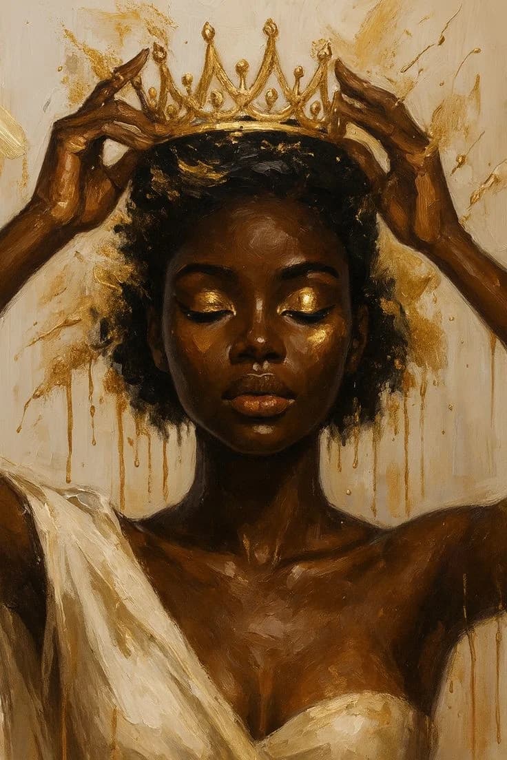 A woman crowned in gold, the paint running down the canvas