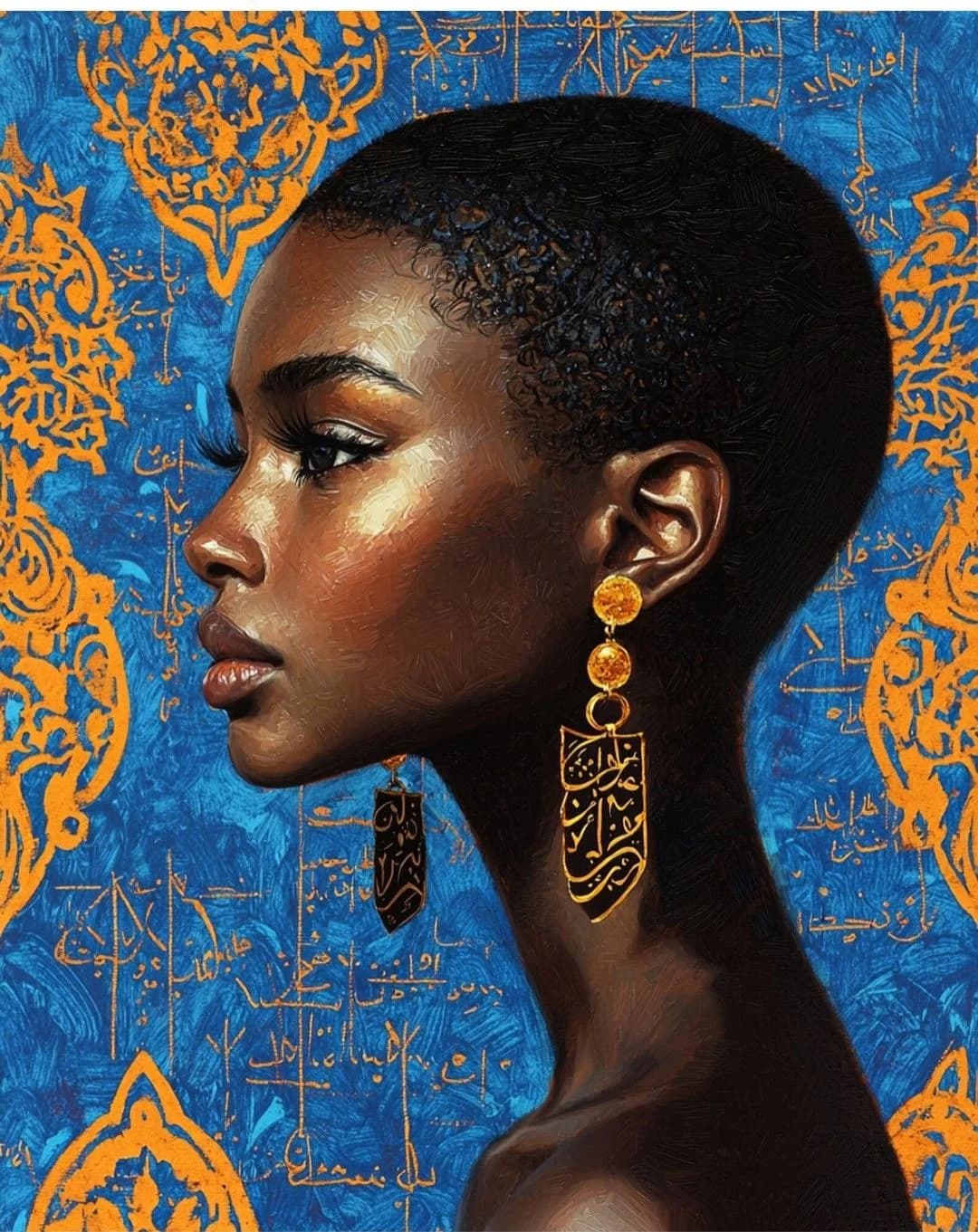 A woman in profile against a blue ground worked with gold script