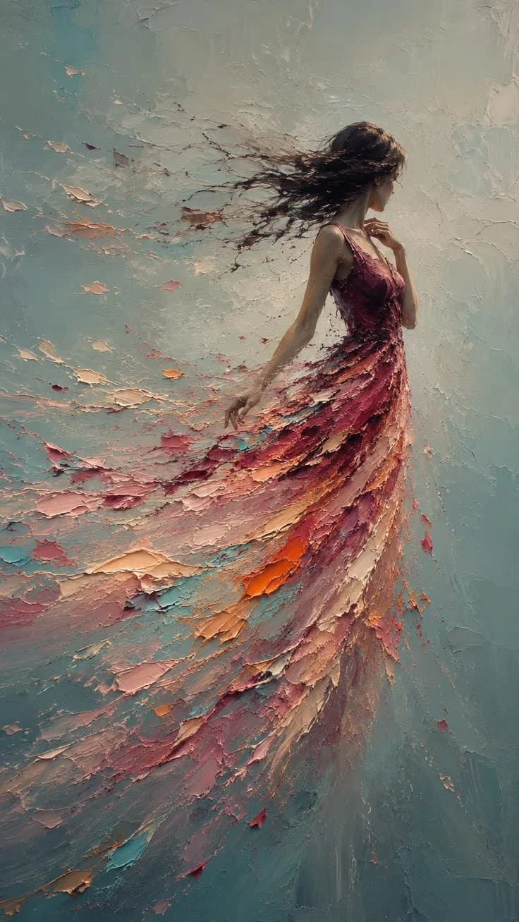 A figure in a gown that dissolves into swept strokes of pigment