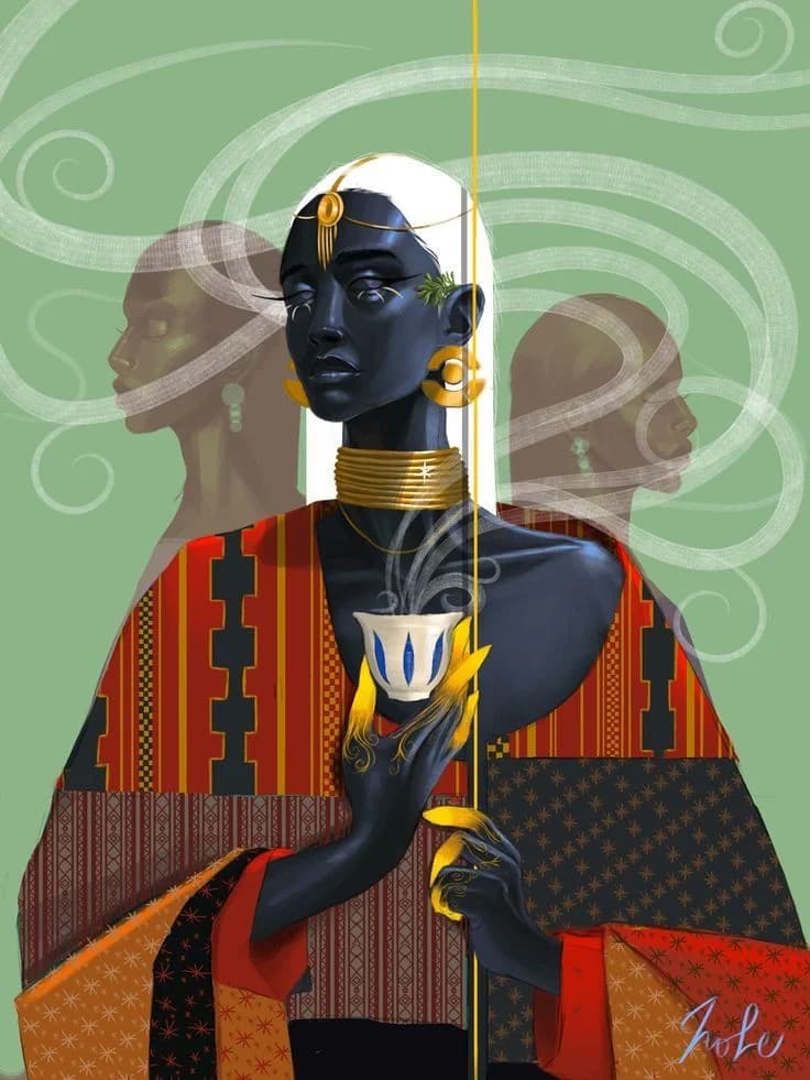 A stylised figure in gold collars and patterned cloth on a green ground
