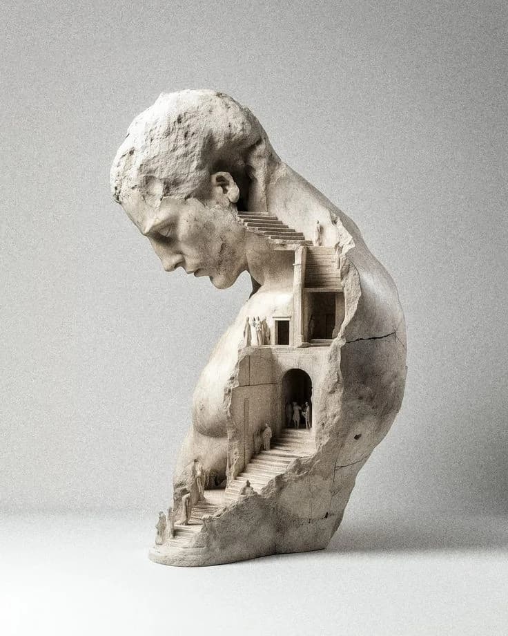 A marble head bowed forward, its skull cut open into a staircase and a small door