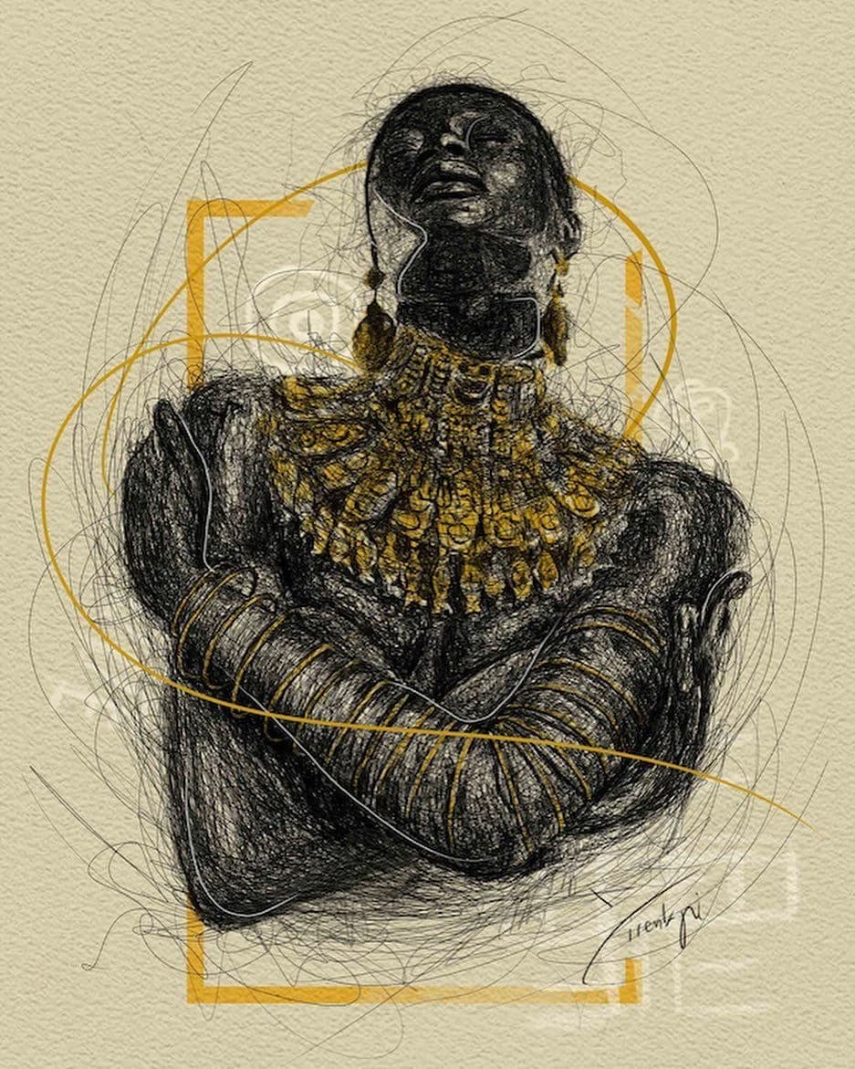 A seated figure drawn in a single wiry line, wearing a heavy gold collar