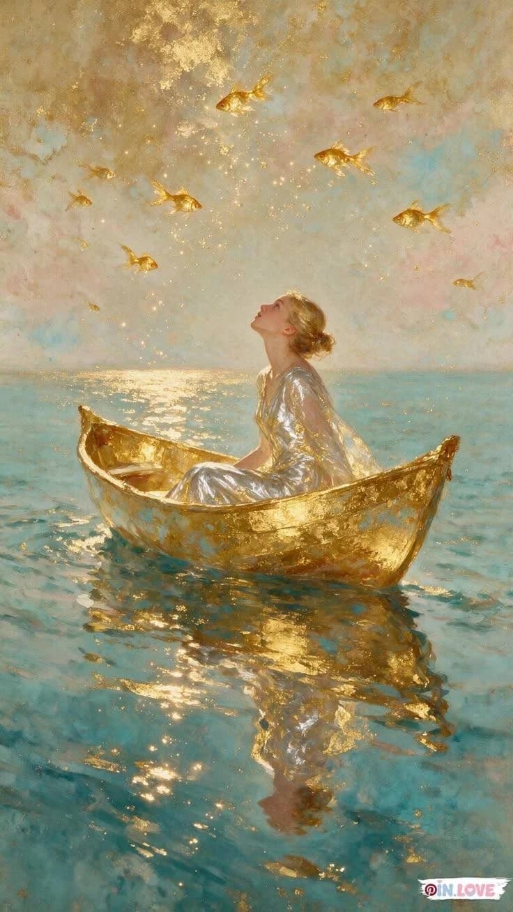 A figure seated in a gold boat on still green water under falling gold leaves