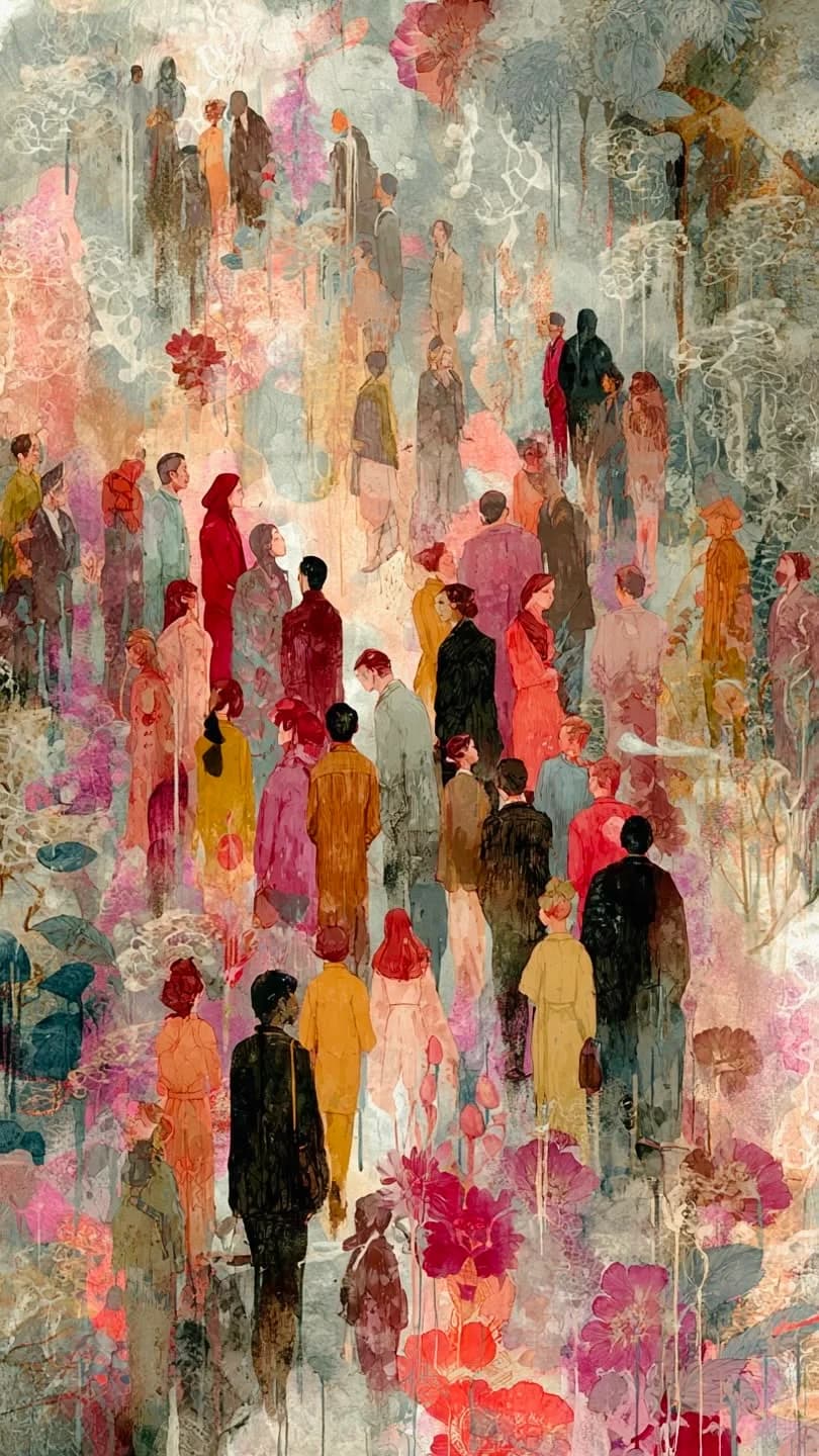 A crowd of figures dissolving into pastel drips and blossom