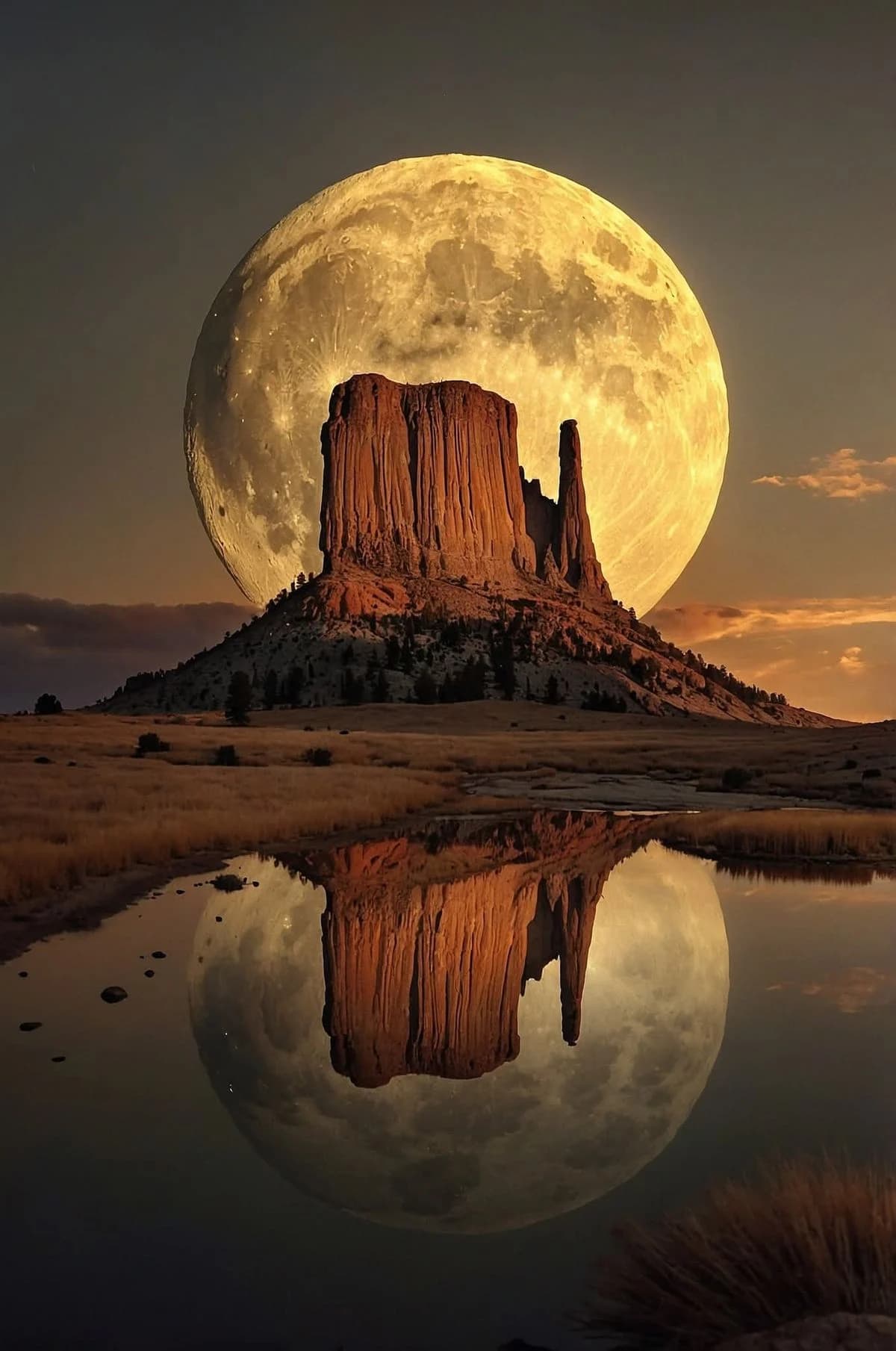 A full moon rising behind a desert butte mirrored in still water