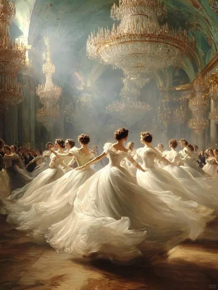 Dancers in white tulle turning beneath a chandelier