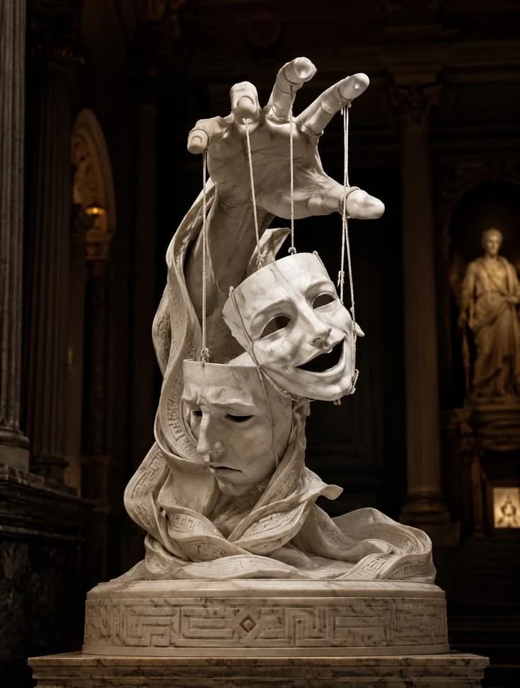 A white marble group of four faces stacked on a carved plinth
