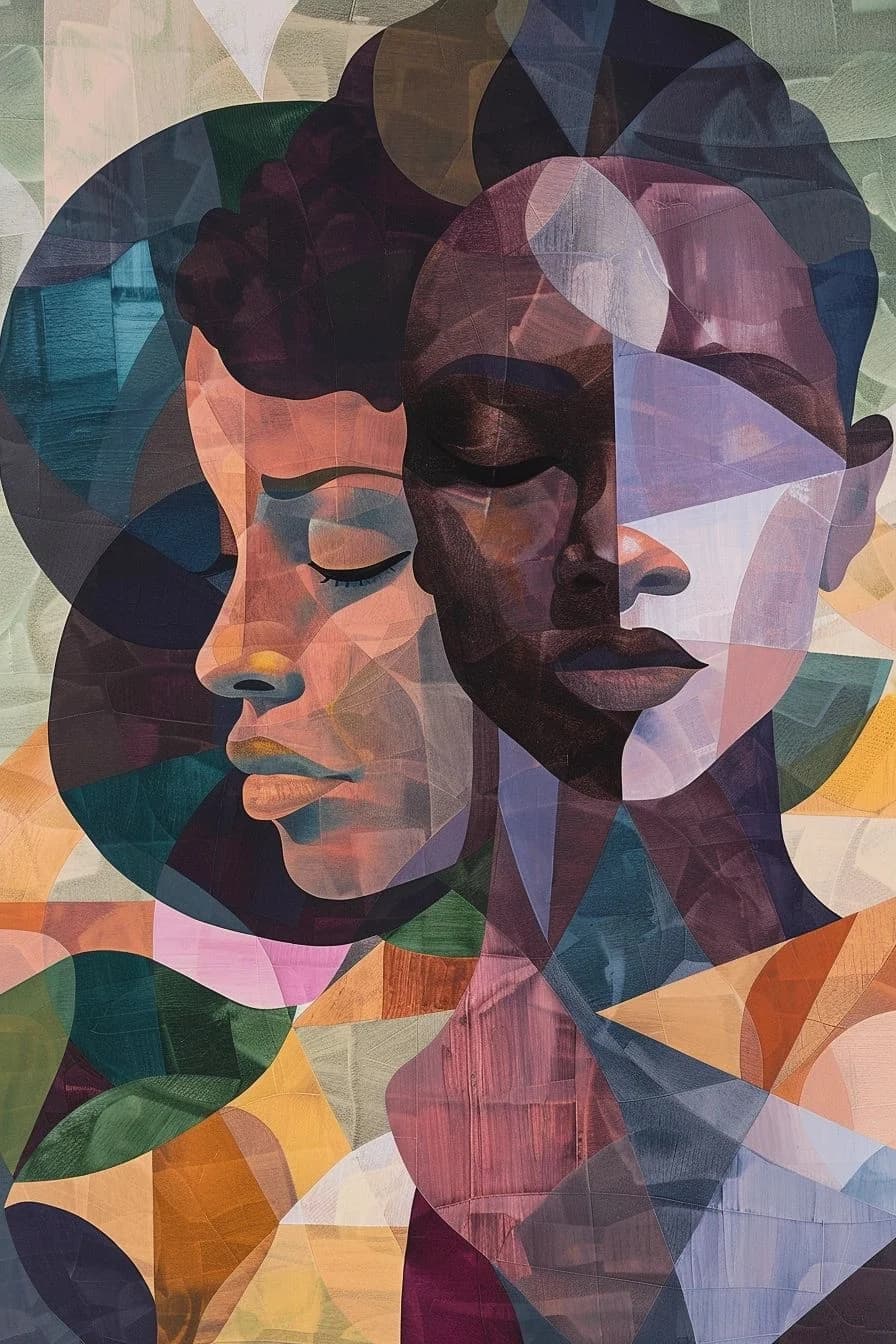 Two faces in profile overlapping through cut planes of colour