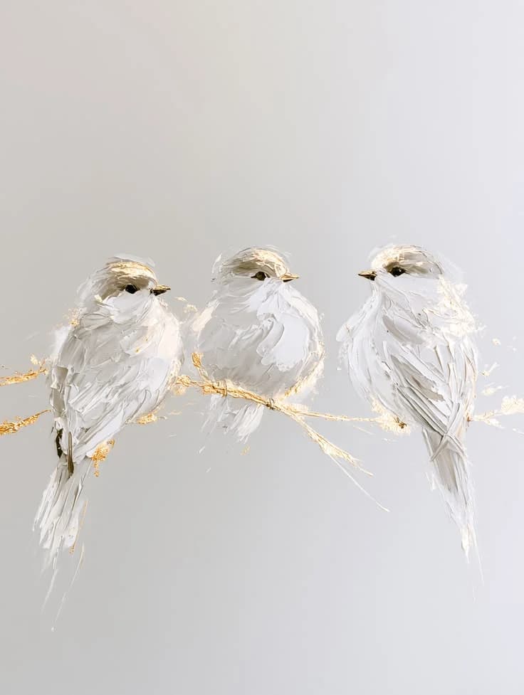 Three white birds perched along a bare branch on a pale ground