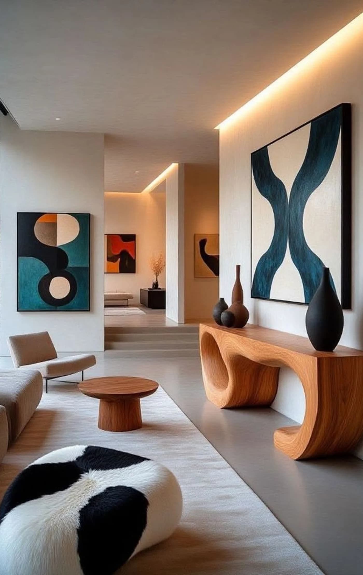 A lit hallway hung with art over a sculptural console and bench