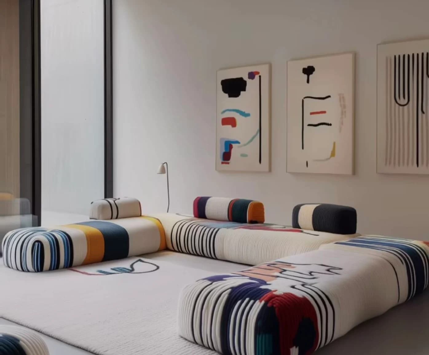 A low sofa piled with striped bolsters in a pale room