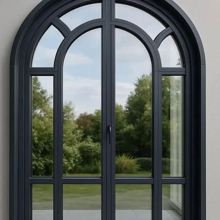 An arched steel-framed garden door