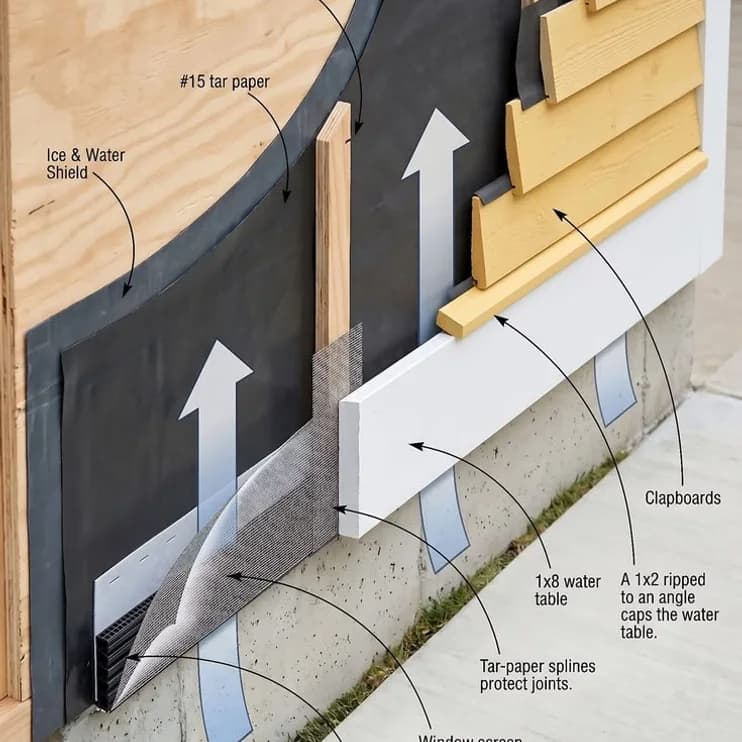A cutaway of house wrap layered behind cladding