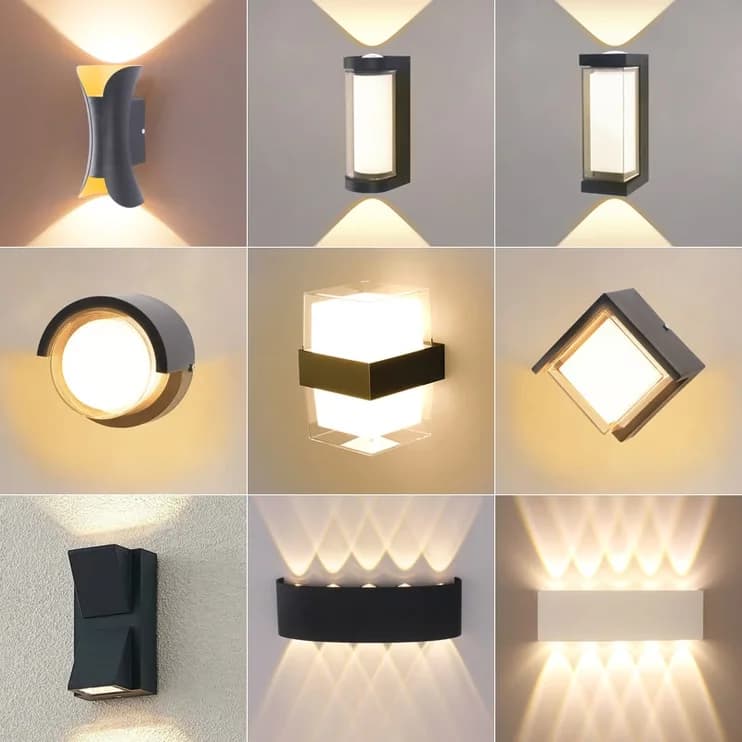 A grid of nine lit exterior wall lamps