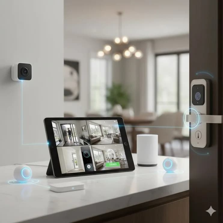A smart-home tablet beside a video doorbell