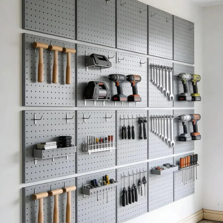 A pegboard wall hung with hand and power tools