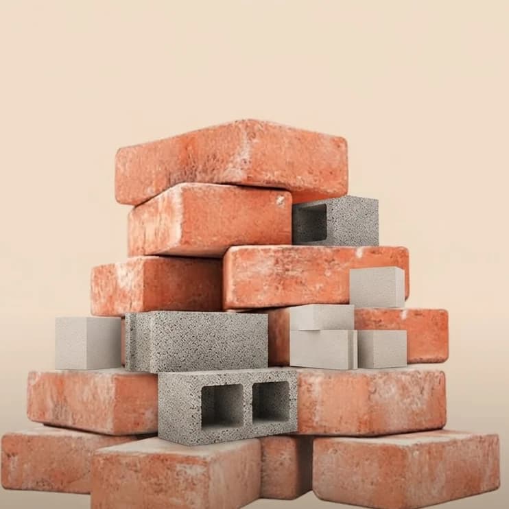 A stack of clay bricks and hollow concrete blocks
