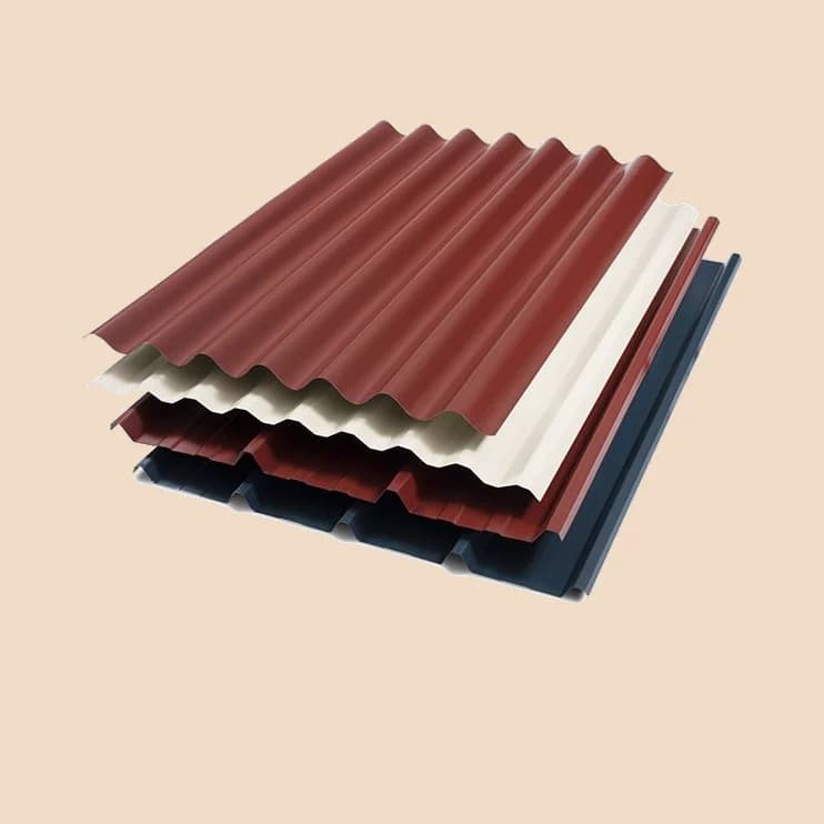 Corrugated roofing sheets fanned in four colours