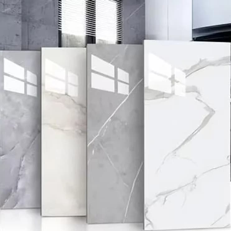 Large-format marble-effect tiles stood on edge