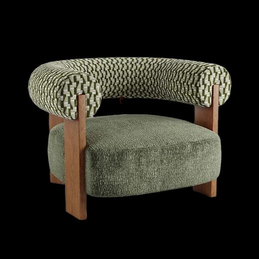 A green boucle armchair on oak legs