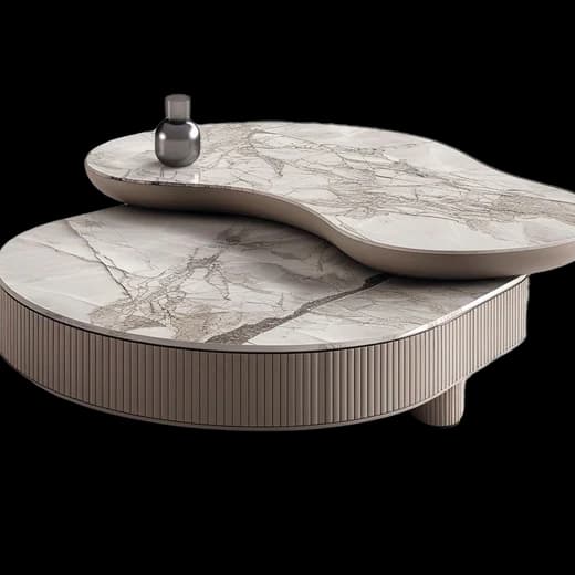 A shaped marble coffee table on a fluted base